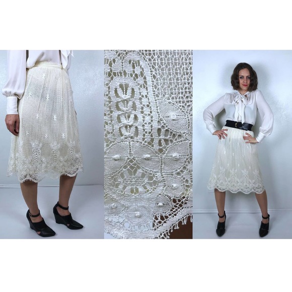 vintage 70s CREAM eyelash lace VICTORIAN SKIRT xs/s high waist cottage core boho - Picture 1 of 10